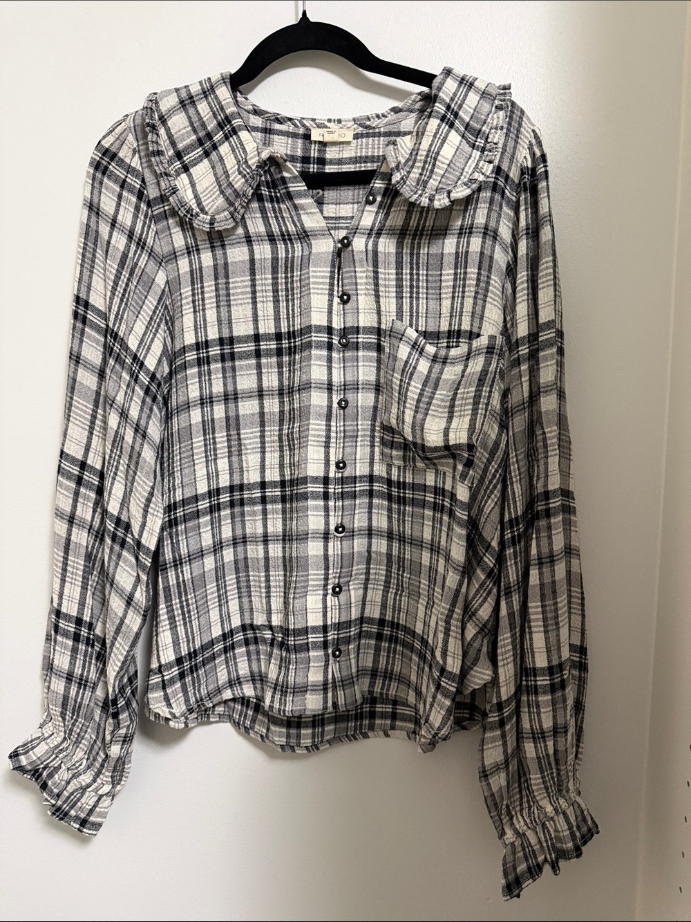 Pilcro Black and White Plaid Ruffle Collar Button-Down Shirt
